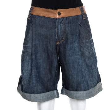 Pre Owned D&G Navy Blue Denim Leather Trim Detail Oversized Shorts M