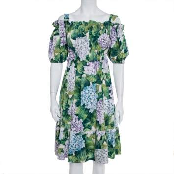 Pre Owned Dolce & Gabbana Hydrangea Print Cotton Poplin Elasticized Waist Cold Shoulder Dress S