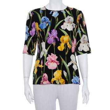 Pre Owned Dolce & Gabbana Black Floral Printed Silk Top L