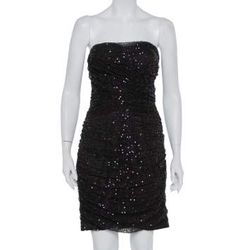 Pre Owned Dolce & Gabbana Black Sequin Embellished Tulle Ruched Strapless Mini Dress L