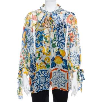 Pre Owned Dolce & Gabbana White Majolica Printed Silk Neck Tie Detail Top XL
