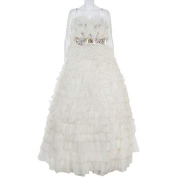 Pre Owned Dolce & Gabbana White Ruffled Silk Embellished Belt Detail Wedding Gown S