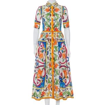 Pre Owned Dolce & Gabbana  White Majolica Printed Cotton Collared Midi Dress S 