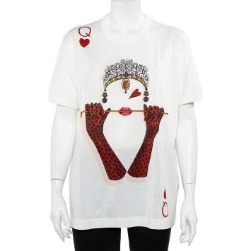 Pre Owned Dolce & Gabbana White Queen of the Hearts Cotton Round Neck T-Shirt XL