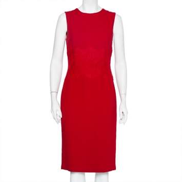 Pre Owned Dolce & Gabbana Red Crepe & Lace Trim Sleeveless Sheath Dress M