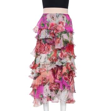 Pre Owned Dolce & Gabbana Pink Floral Print Silk Ruffled Maxi Skirt M