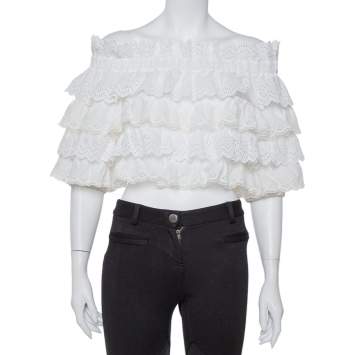 Pre Owned Dolce & Gabbana White Crochet Off Shoulder Crop Top M