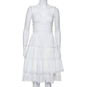 Pre Owned Dolce & Gabbana White Cotton Lace Trim Detail Tiered Mini Dress S