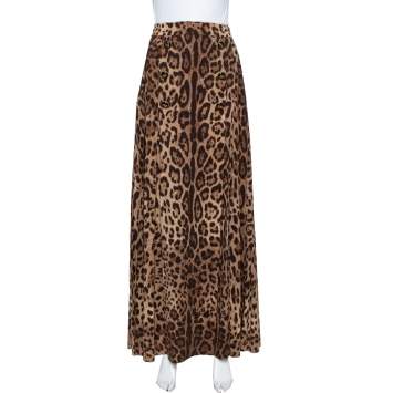 Pre Owned Dolce & Gabbana Brown Animal Printed Wool Thigh High Slit Detail Pleated Maxi Skirt S