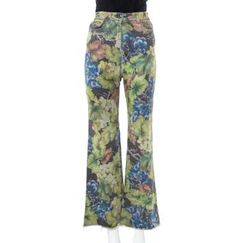 Pre Owned Dolce & Gabbana Grey Denim Grapes Printed Frayed Hem Paneled Bootcut Jeans S