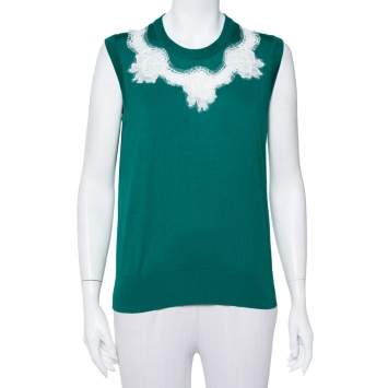 Pre Owned Dolce & Gabbana Green Silk Lace Detail Sleeveless Top L
