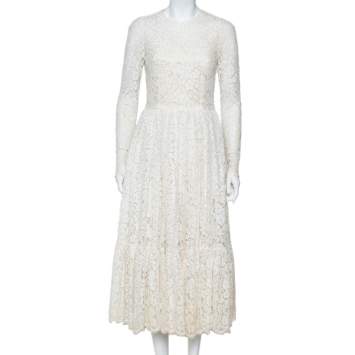 Pre Owned Dolce & Gabbana White Lace Flared Maxi Dress M