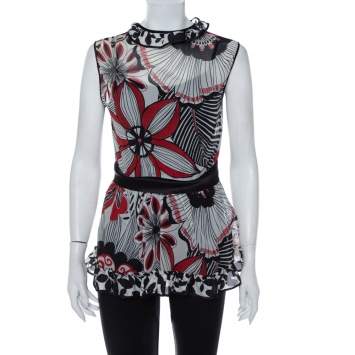 Pre Owned Dolce & Gabbana Multicolor Printed Cotton & Silk Ruffle Detail Sleeveless Top M