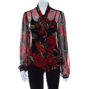 Pre Owned Dolce & Gabbana Black Rose Printed Silk Neck Tie Detail Top L
