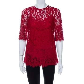 Pre Owned Dolce & Gabbana Red Lace Quarter Sleeve Top M