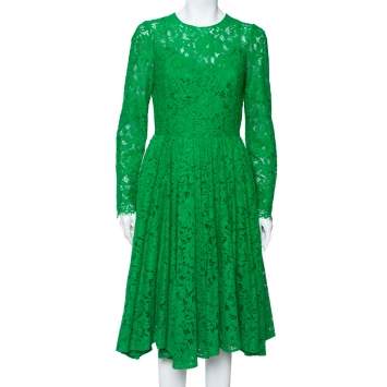 Pre Owned Dolce & Gabbana Green Lace Long Sleeve Midi Dress M