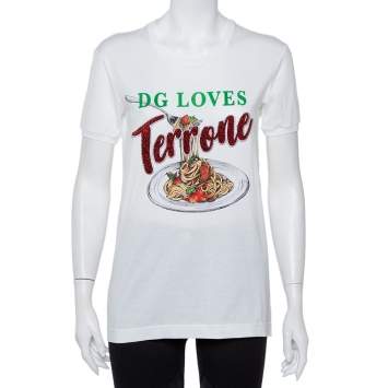 Pre Owned Dolce and Gabbana White Cotton Pasta Graphic Printed Applique Detail Crewneck T-shirt S