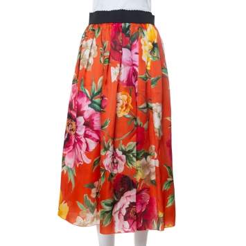Pre Owned Dolce & Gabbana Orange Floral Printed Silk Midi Skirt M