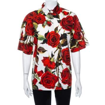 Pre Owned Dolce & Gabbana White Rose Printed Cotton Button Front Shirt M