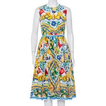 Pre Owned Dolce & Gabbana  Multicolor Maiolica Tile Print Cotton Sleeveless Midi Dress M
