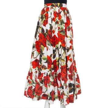 Pre Owned Dolce & Gabbana White Rose Printed Cotton Maxi Skirt M