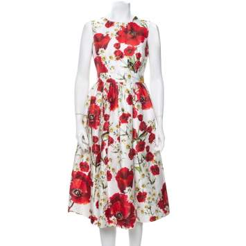 Pre Owned Dolce & Gabbana White Poppy & Daisy Printed Cotton & Silk Sleeveless Midi Dress M