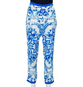 Pre Owned Dolce & Gabbana White & Blue Majolica Printed Silk Tapered Leg Trousers M