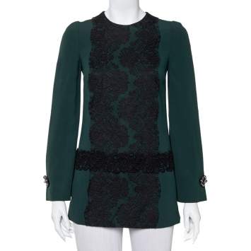 Pre Owned Dolce & Gabbana Green Crepe Lace Detail Long Sleeve Tunic XS