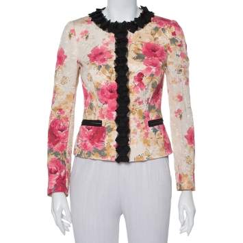 Pre Owned Dolce & Gabbana Cream Floral Jacquard Contrast Trim Detail Button Front Round Neck Jacket S