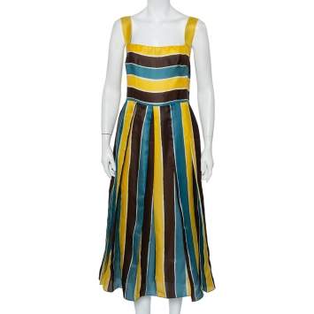 Pre Owned Dolce & Gabbana Multicolor Striped Silk Organza Midi Dress L