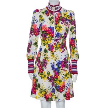 Pre Owned Dolce & Gabbana White Floral Printed Silk High Collar Charmeuse Mini Dress M
