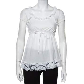 Pre Owned Dolce & Gabbana White Knit Lace Trim Waist Tie Detail Top M