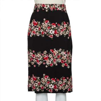 Pre Owned Dolce & Gabbana Black Floral Printed Crepe Pencil Skirt L