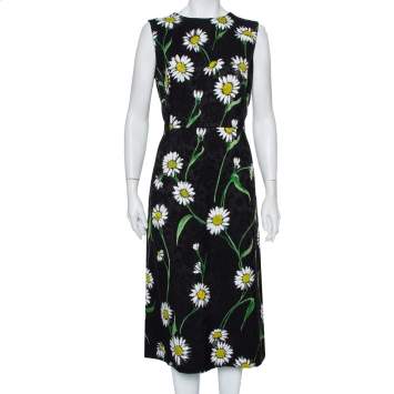 Pre Owned Dolce & Gabbana Black Floral Jacquard Daisy Printed Sleeveless Midi Dress L