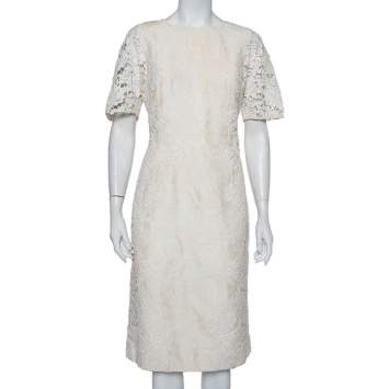 مملوكة مسبقًا Dolce & Gabbana Cream Jacquard Crochet Trim Detail Midi Dress L