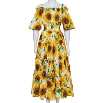 Pre Owned Dolce & Gabbana Yellow Sunflower Printed Cotton Cold Shoulder Tiered Midi Dress M