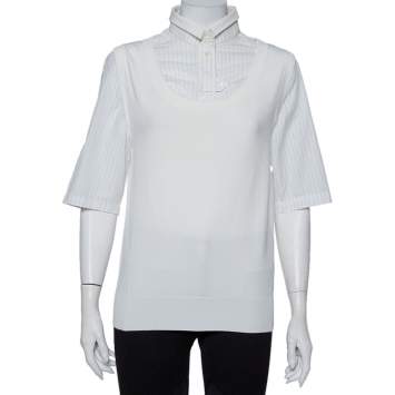 مملوكة مسبقًا Dolce & Gabbana White Knit Sleeveless Overlay Detail Collared Top L