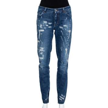 Pre Owned Dolce & Gabbana Navy Blue Denim Distressed Zip Detail Pretty Jeans L
