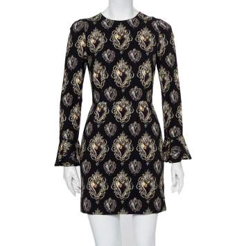 Pre Owned Dolce & Gabbana Black Sacred Heart Printed Crepe Mini Dress S