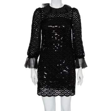 Pre Owned Dolce & Gabbana Black Sequin Embellished Ruffled Trim Shift Dress S 