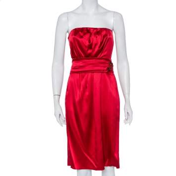 Pre Owned Dolce & Gabbana Red Satin Silk Embellished Draped Strapless Dress M