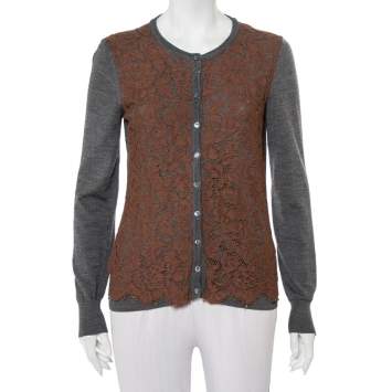Pre Owned Dolce & Gabbana Grey Wool Contrast Lace Trim Button Front Cardigan M
