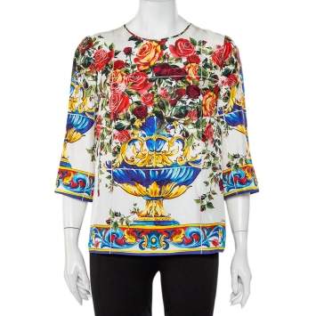 Pre Owned Dolce & Gabbana Multicolor Floral Majolica Printed Silk Top M