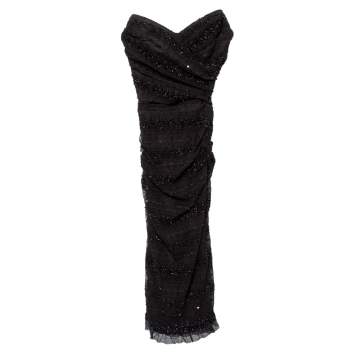 Pre Owned Dolce & Gabbana Black Embellished Tulle Ruched Strapless Midi Dress S
