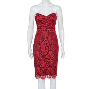 Pre Owned Dolce & Gabbana Red Lace Draped Strapless Mini Dress S