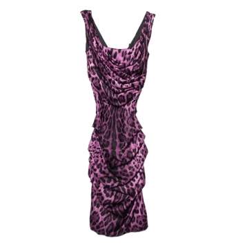 Pre Owned Dolce & Gabbana Purple Animal Print Silk Ruched Sleeveless Dress S