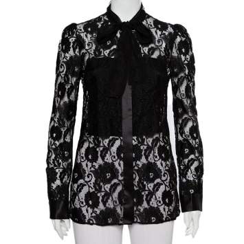 Pre Owned Dolce & Gabbana Black Lace Neck Tie Detail Shirt S