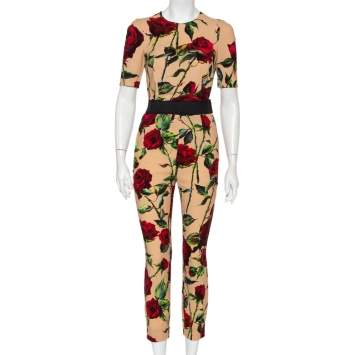 Pre Owned Dolce & Gabbana Beige Floral Printed Crepe Top & Tapered Leg Trousers S