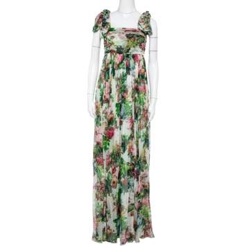 Pre Owned Dolce & Gabbana Vintage Multicolor Floral Printed Silk Waist Tie Detail Sleeveless Long Dress S