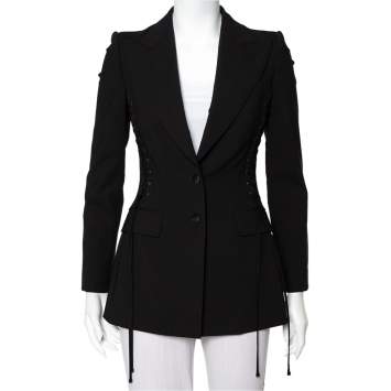 Pre Owned Dolce & Gabbana Black Wool Lace Up Detail Button Front Blazer XS